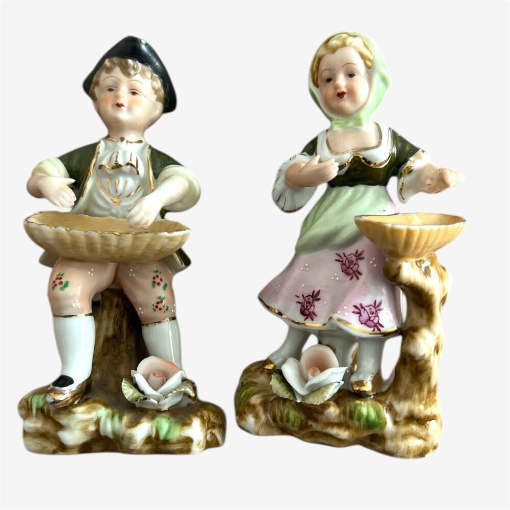 Lot 2 Unmarked Porcelain Boy Girl Children Figurines baskets flowers vtg